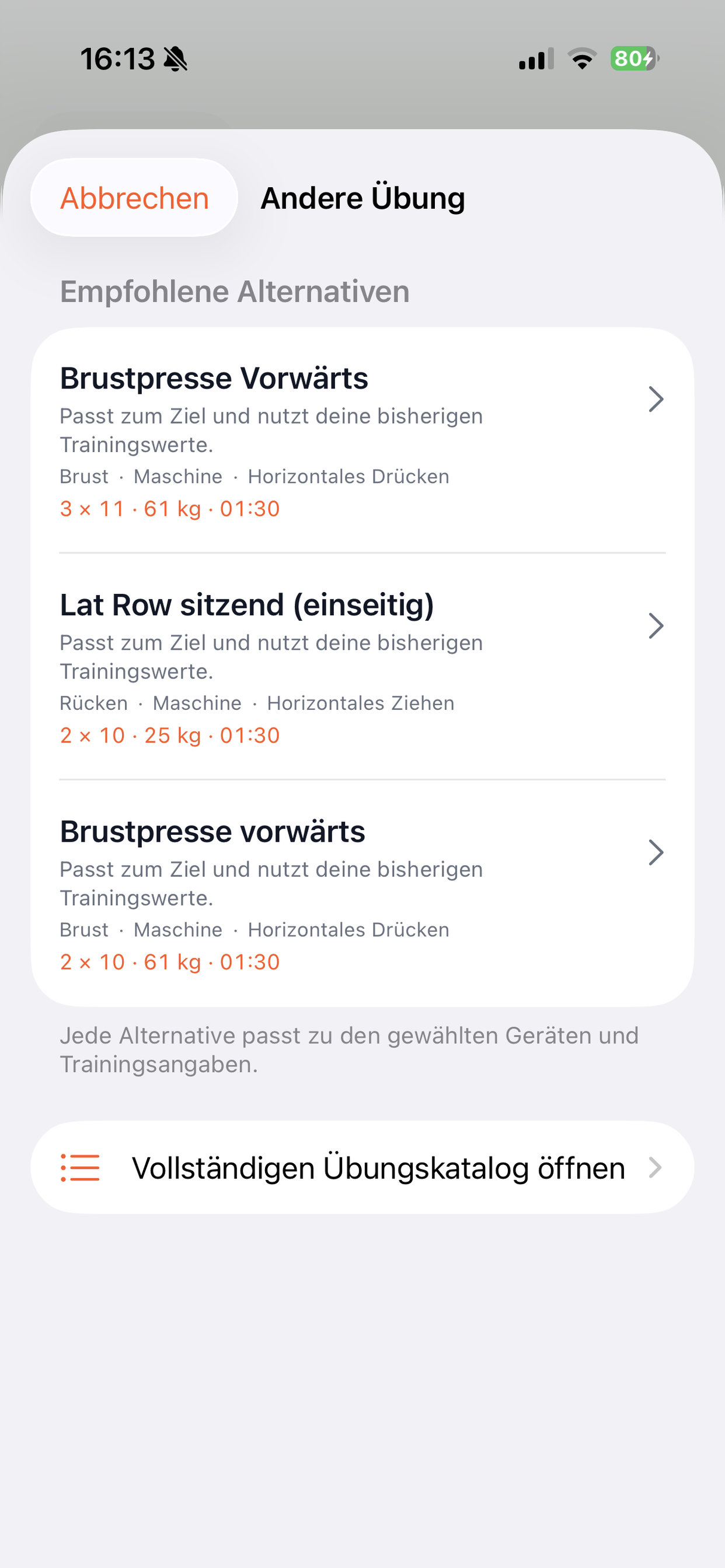 Alternative Übung im Plan-Assistenten auswählen