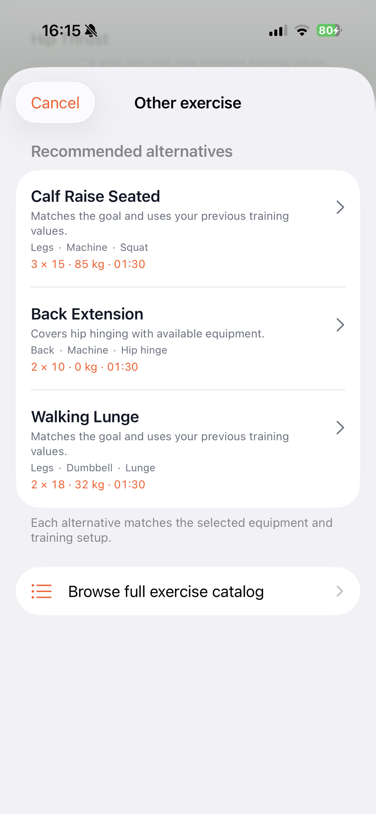 Choose an alternative exercise in the Plan Assistant