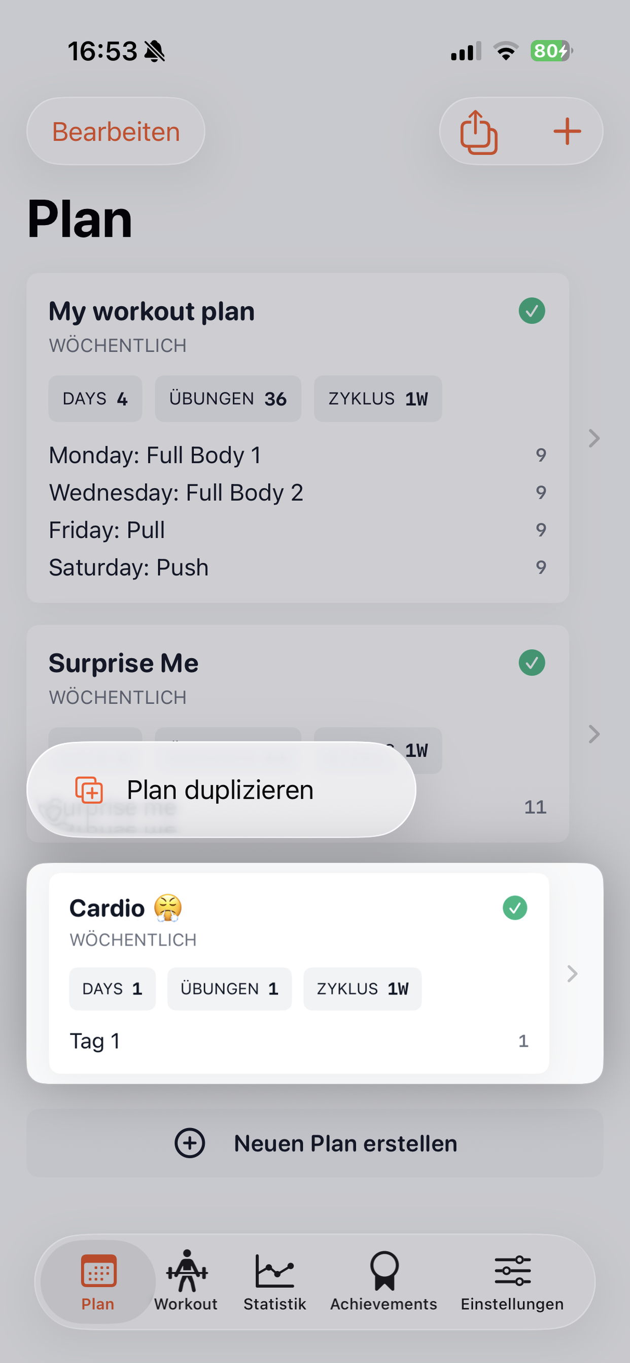 Menü zum Duplizieren eines Workout-Plans
