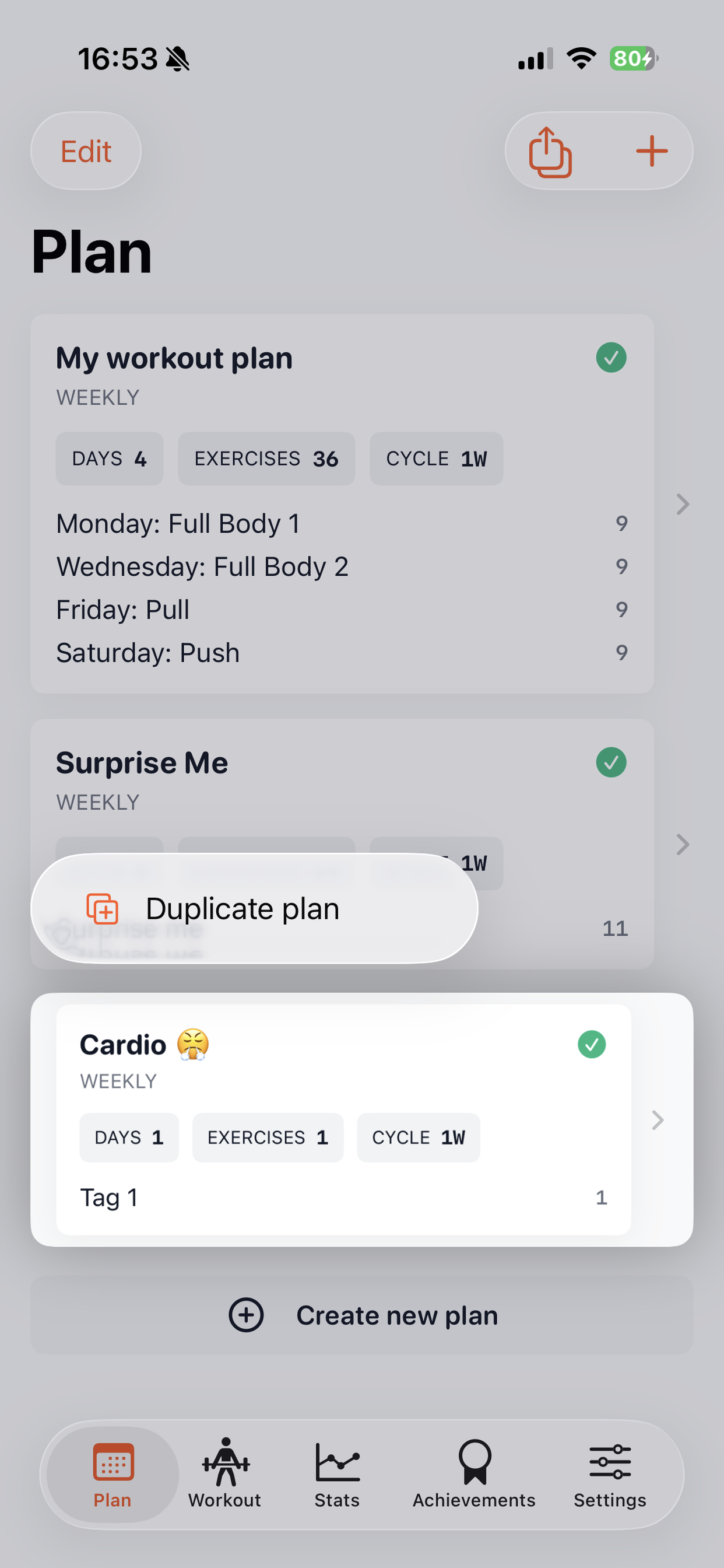 Menu for duplicating a workout plan