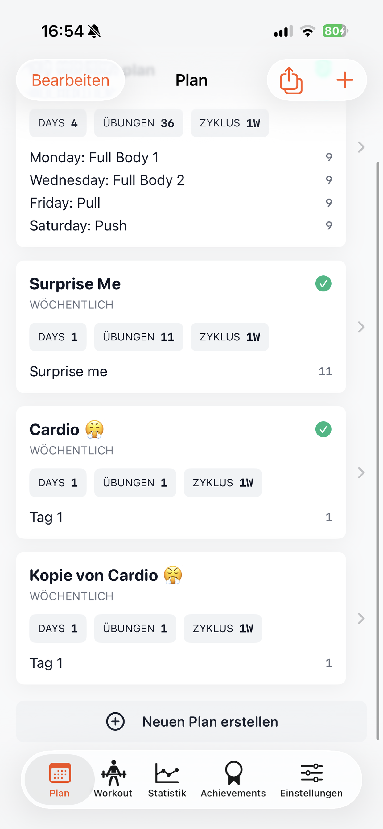 Original und duplizierter Workout-Plan
