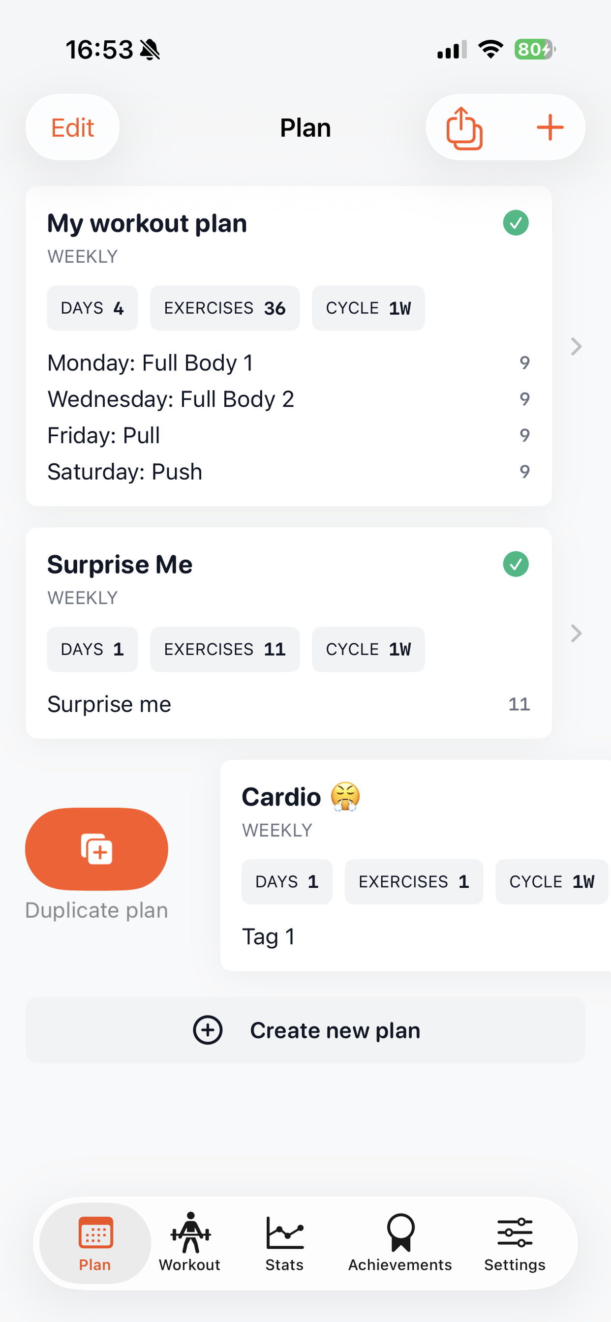 Original and duplicated workout plan