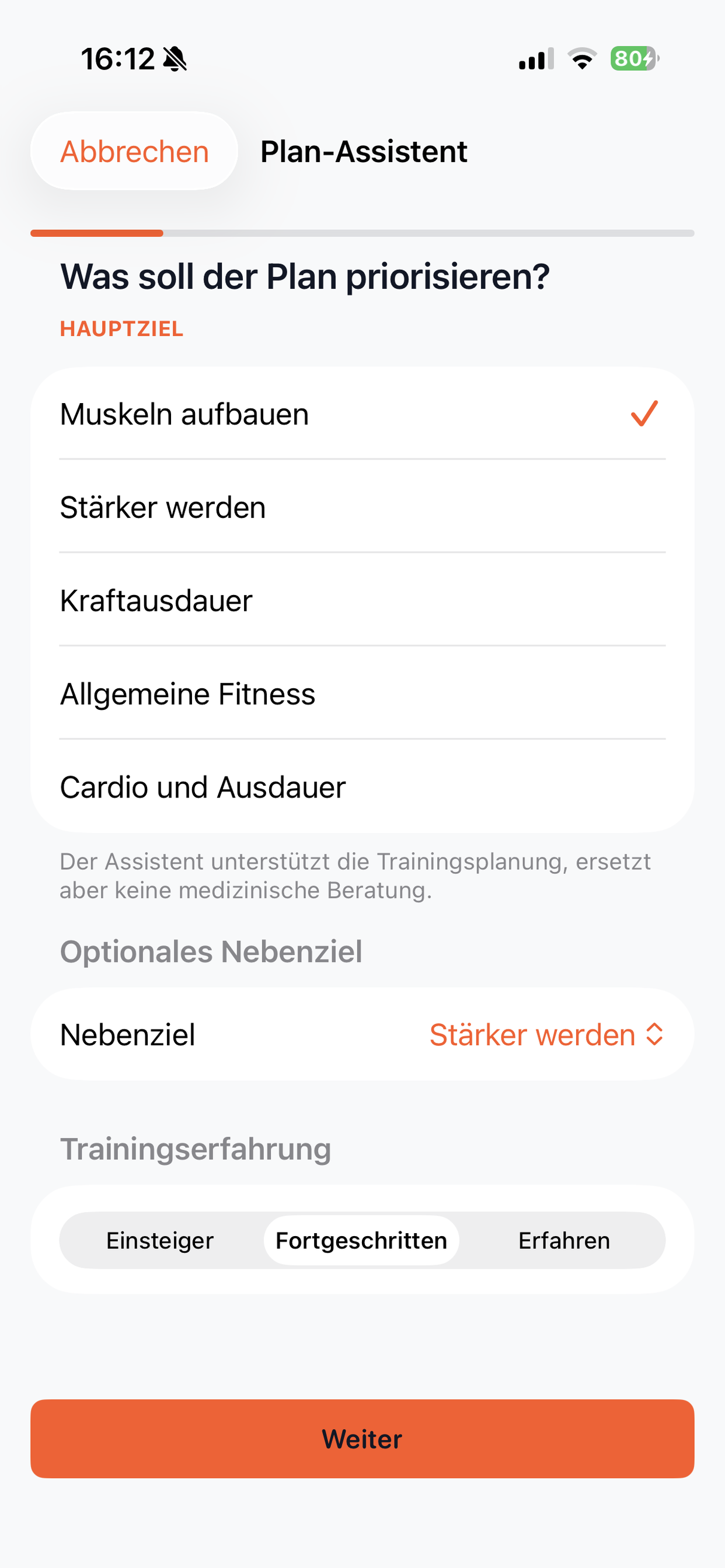 Trainingsziel und Trainingsstand im Plan-Assistenten auswählen