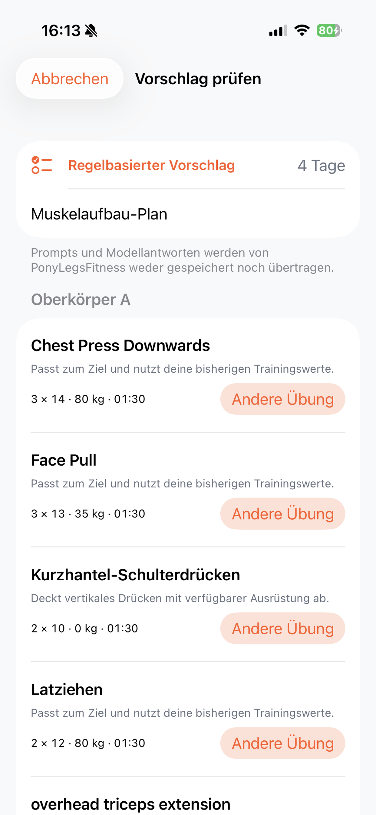 Planvorschlag prüfen und Übungen ändern