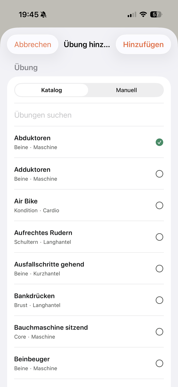 Übungen aus dem Katalog hinzufügen