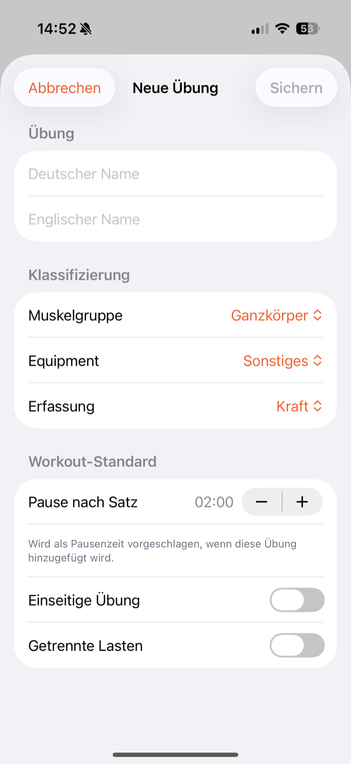 Formular zum Erstellen einer eigenen Übung