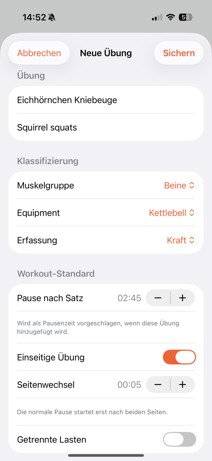 Ausgefüllte eigene Übung mit individuellen Einstellungen