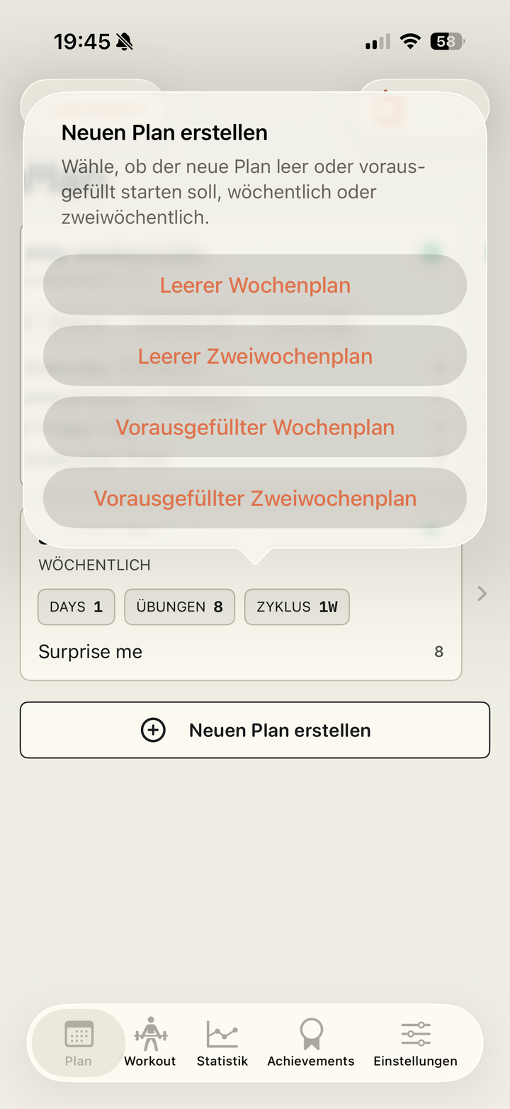 Auswahl beim Erstellen eines neuen Plans