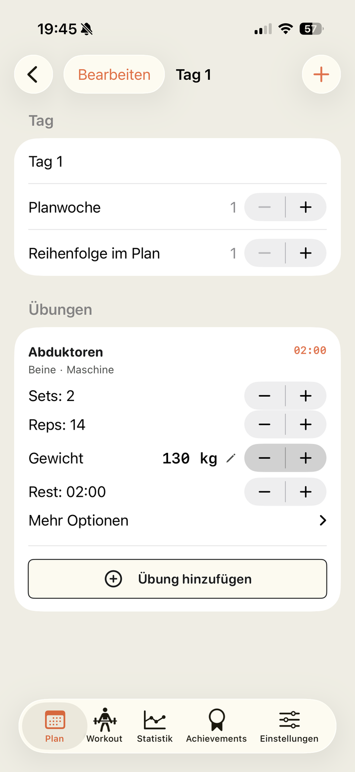 Übungsdetails in einem Trainingstag bearbeiten