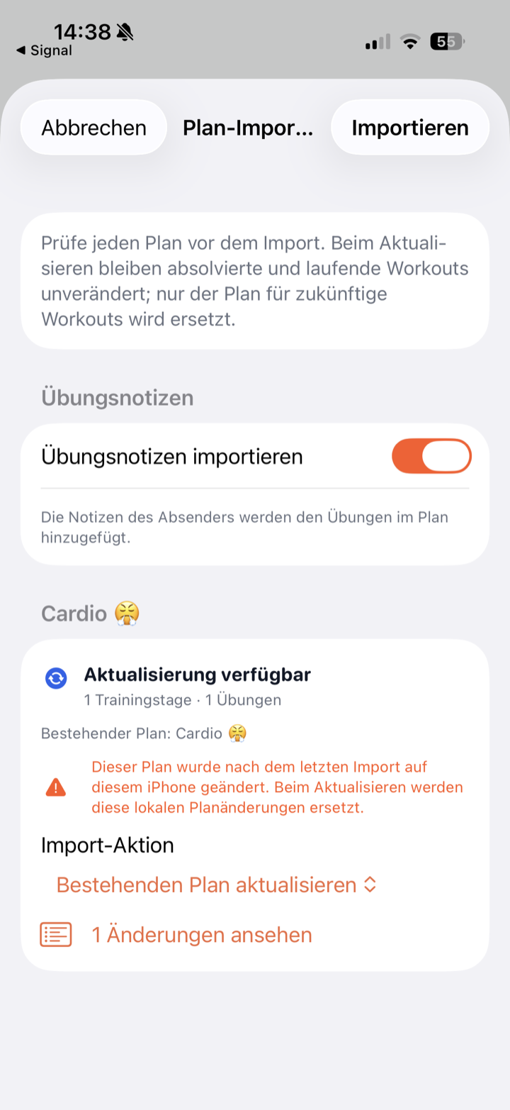Workout-Plan vor dem Import prüfen und aktualisieren