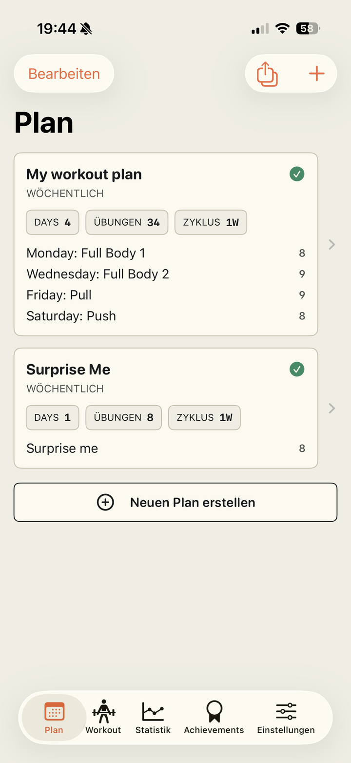 Planübersicht mit Button Neuen Plan erstellen