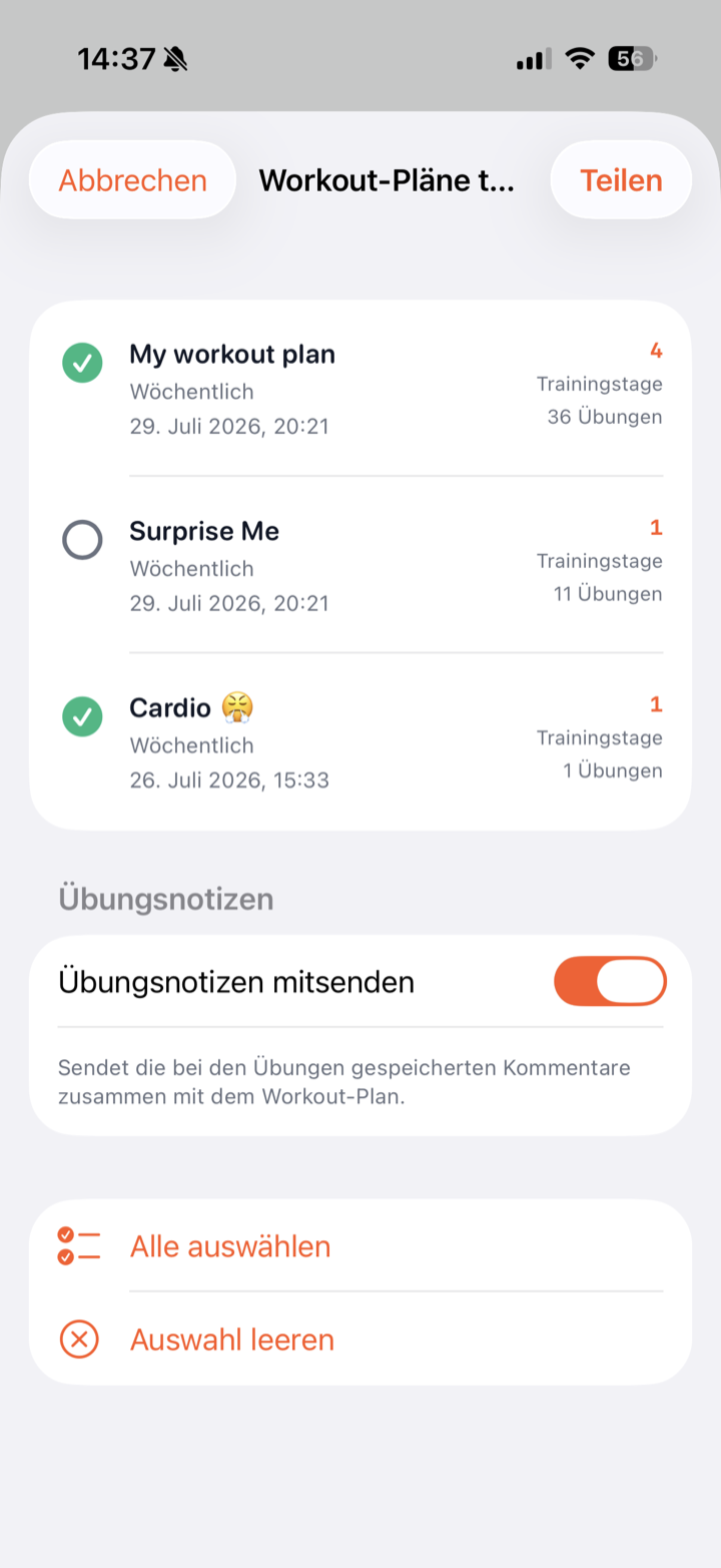 Workout-Pläne und Übungsnotizen für den Export auswählen