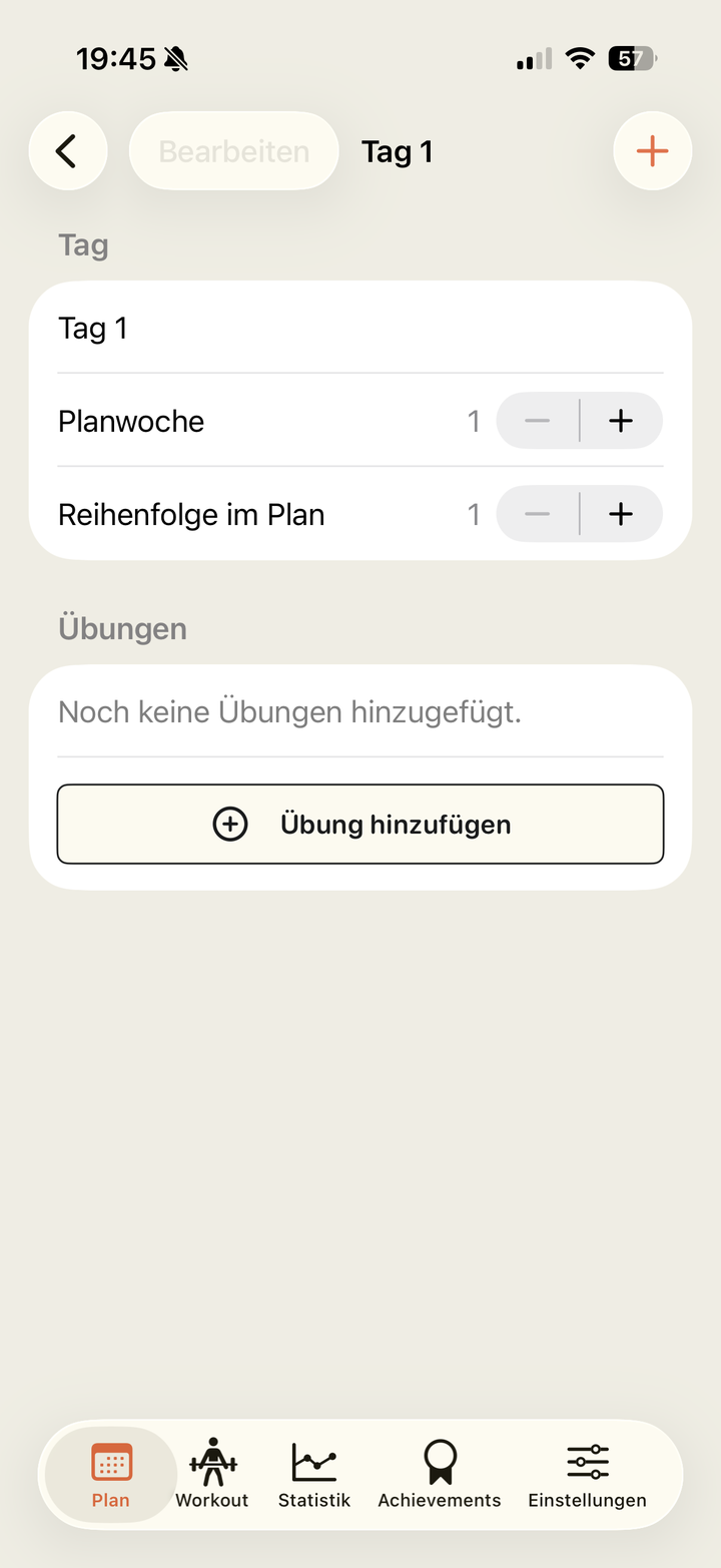 Leerer Trainingstag mit Übung hinzufügen