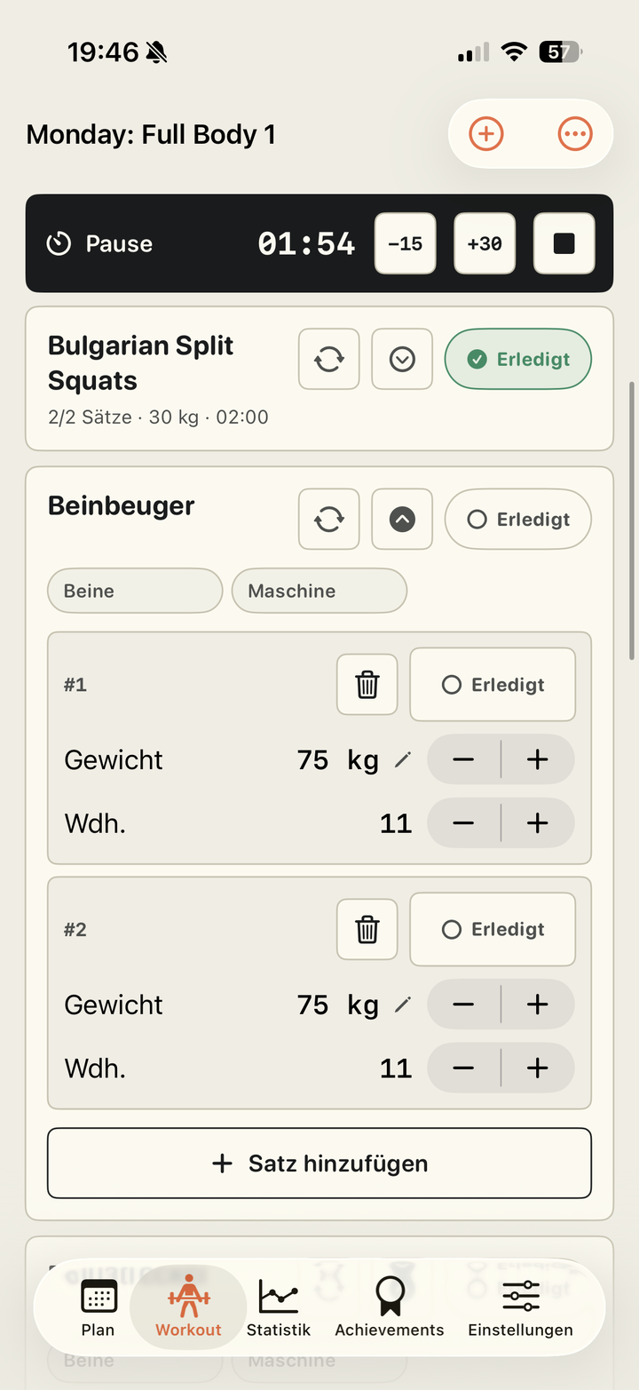 Aktives Workout mit Sätzen
