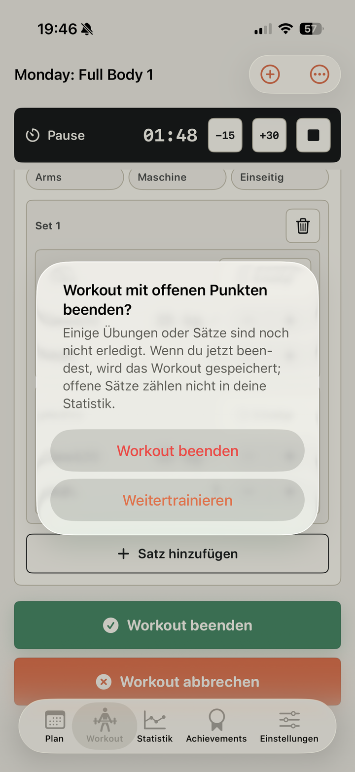 Warnung beim Beenden mit offenen Punkten