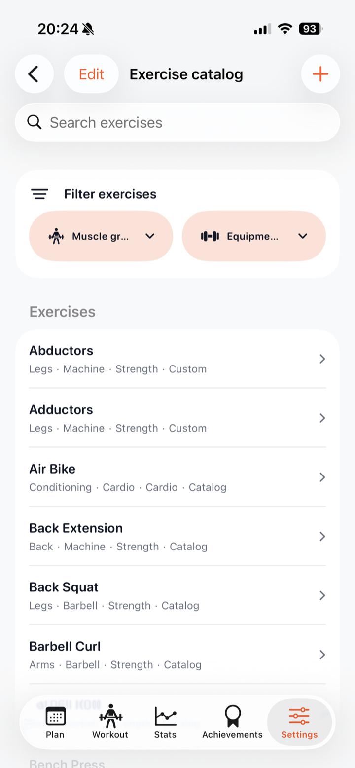 Browse and filter the exercise catalog