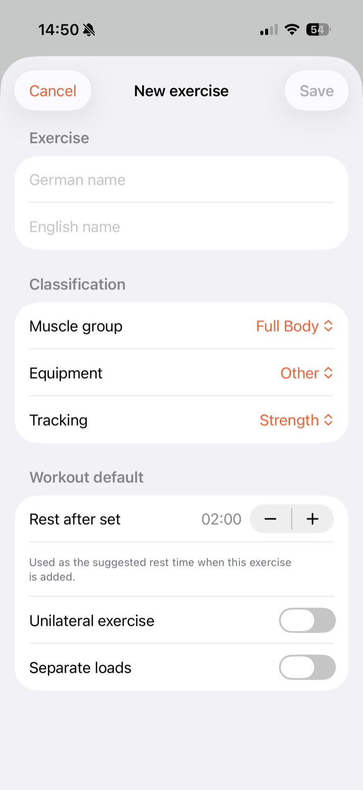 Form for creating a custom exercise