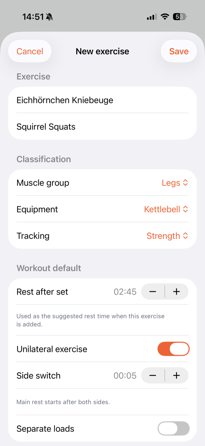 Completed custom exercise with individual settings