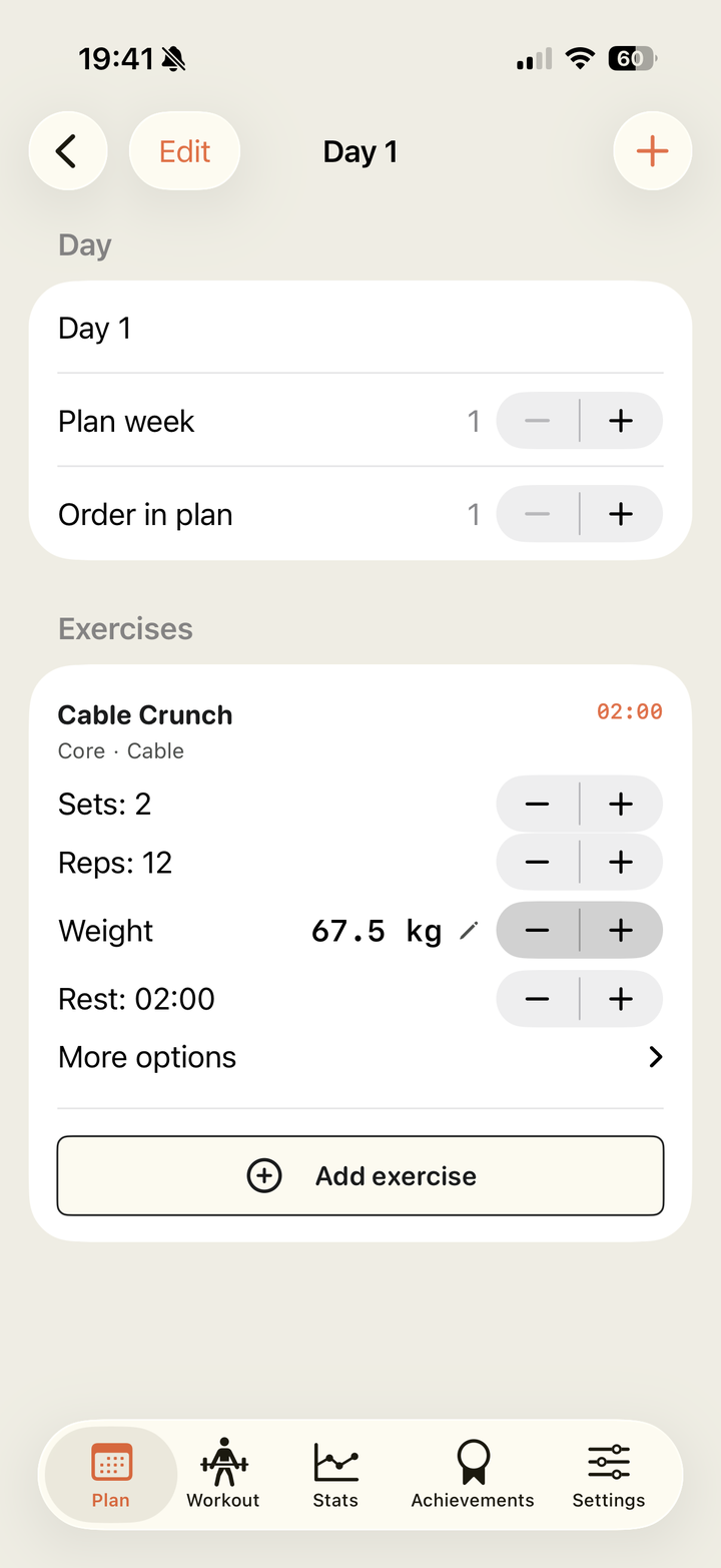 Exercise details in a training day