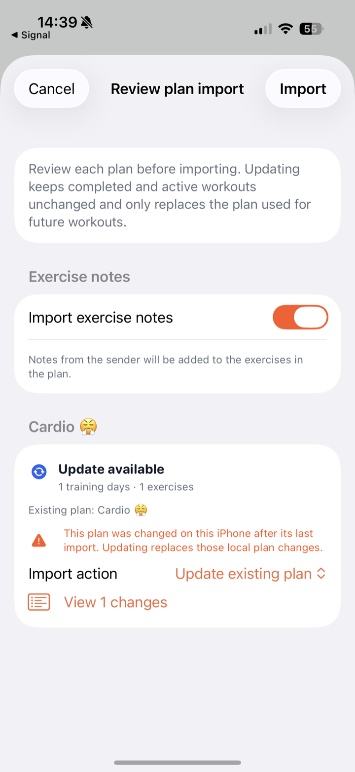 Review and update a workout plan before importing