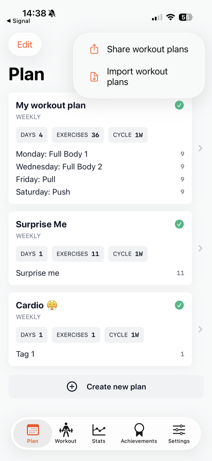 Menu for sharing or importing workout plans