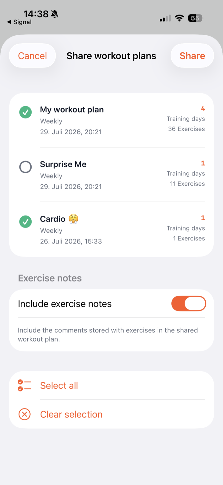 Select workout plans and exercise notes for export