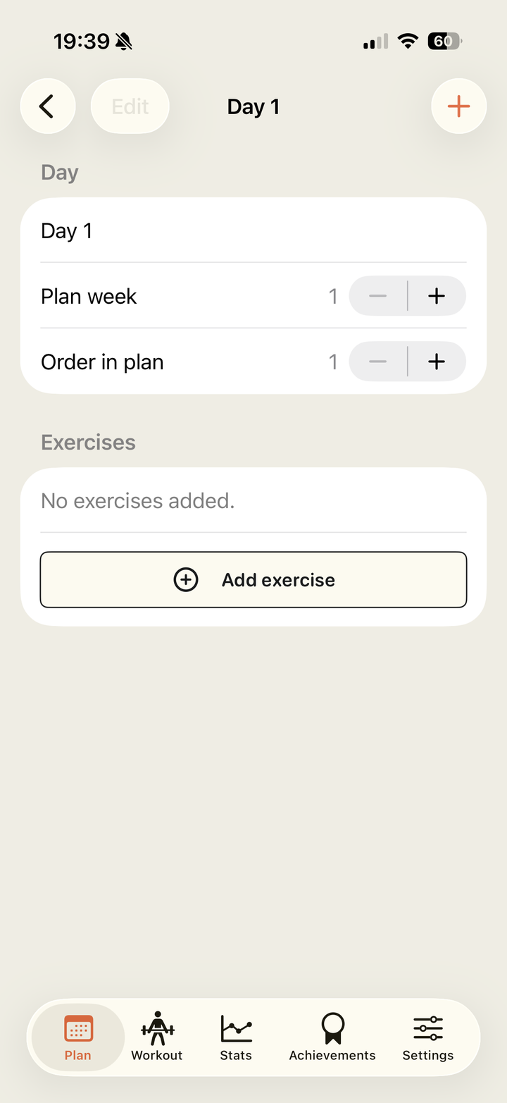 Empty training day with Add exercise button