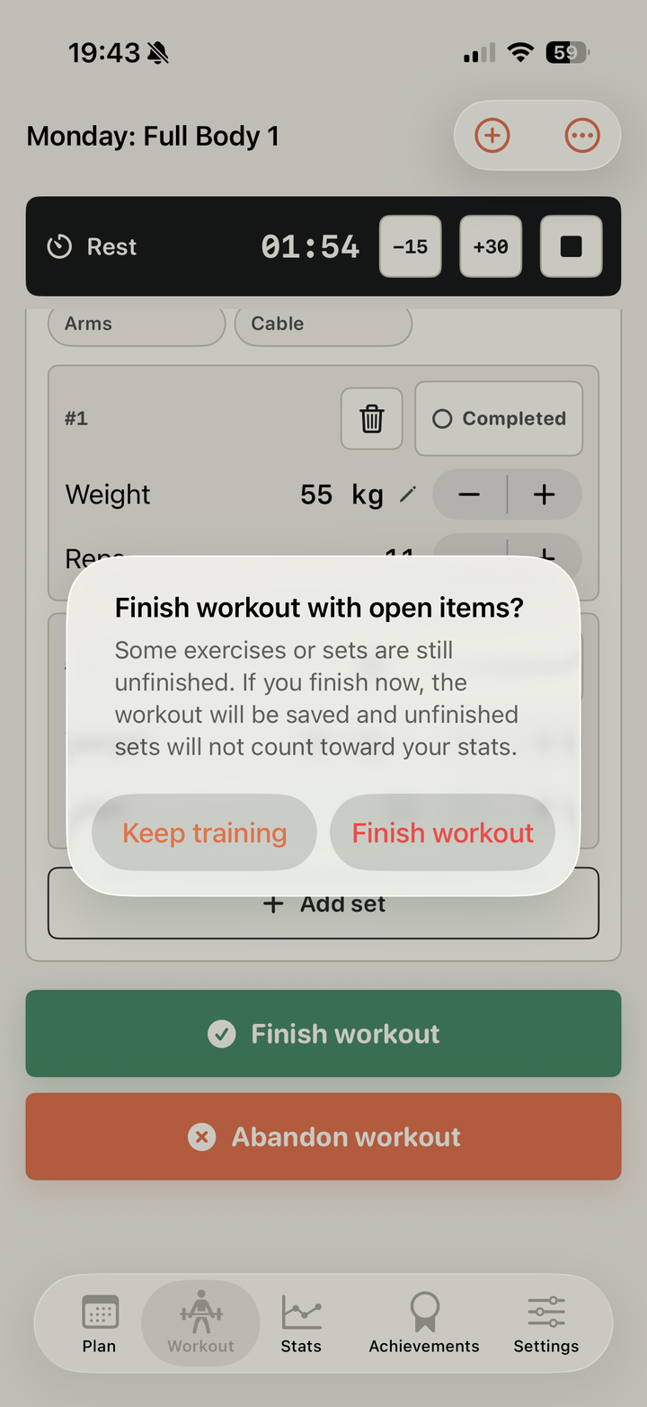 Warning before finishing with open items