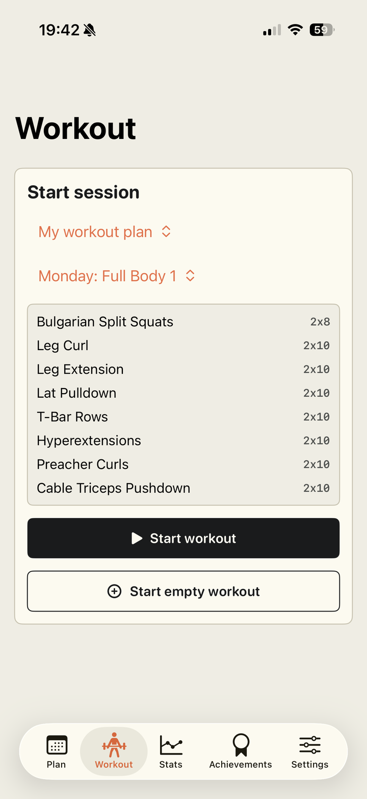 Start workout screen