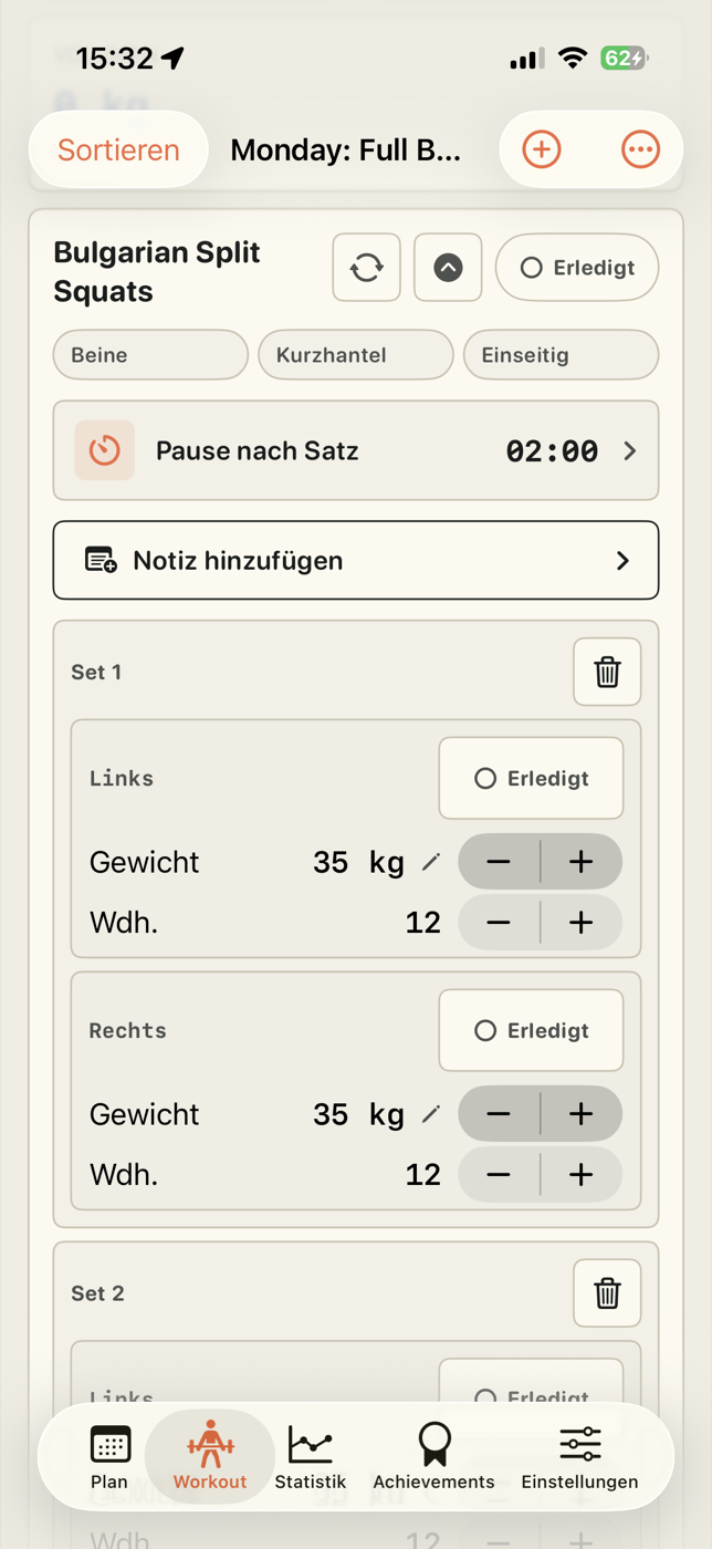 Notiz direkt bei einer Übung im laufenden Workout hinzufügen
