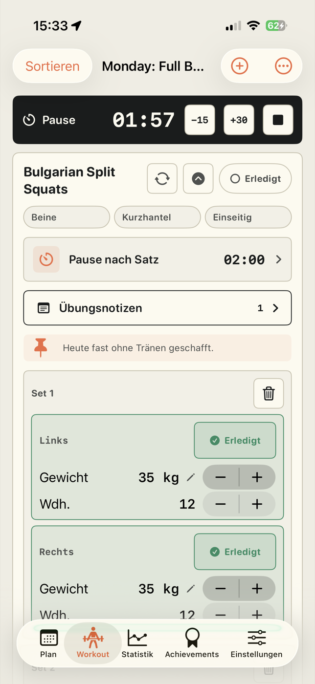 Angepinnte Übungsnotiz im nächsten Workout