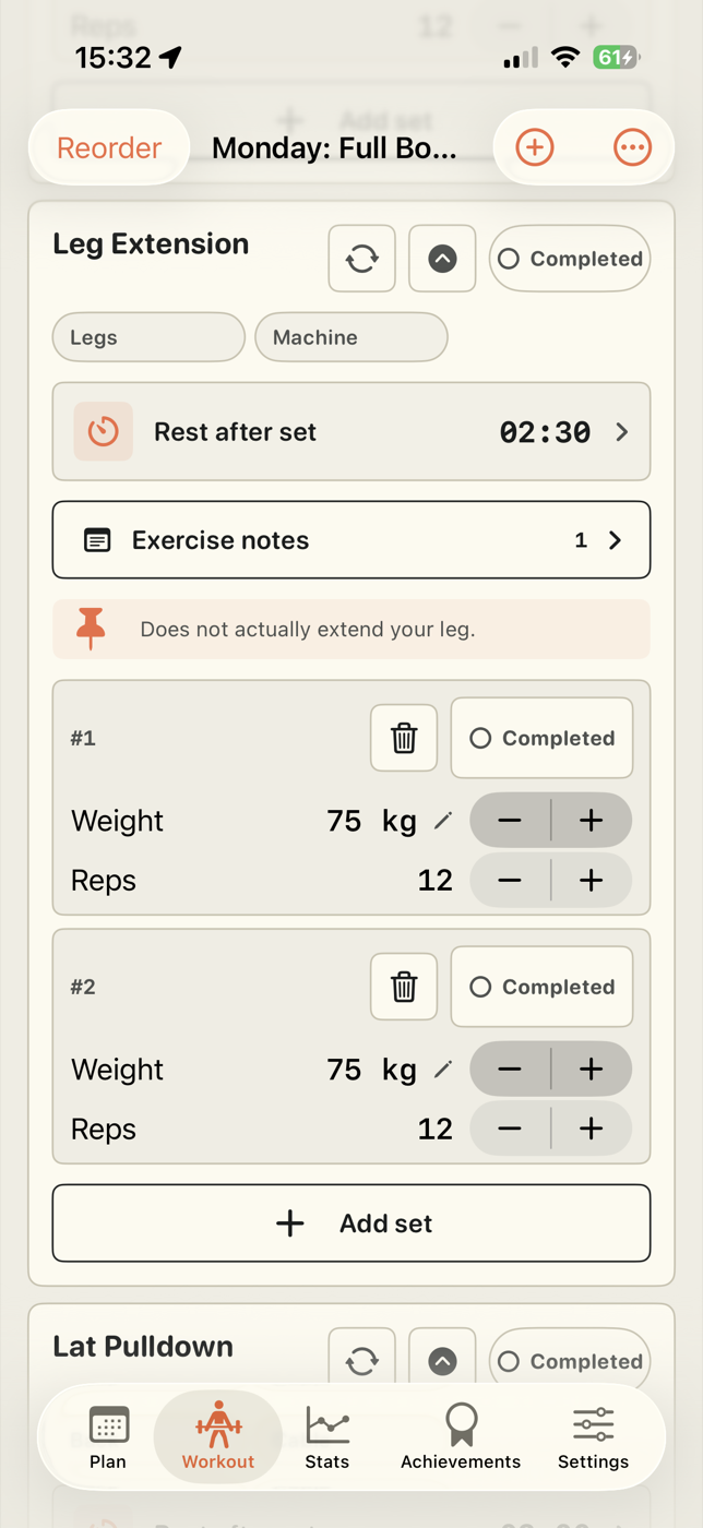 Pinned exercise note shown in a later workout