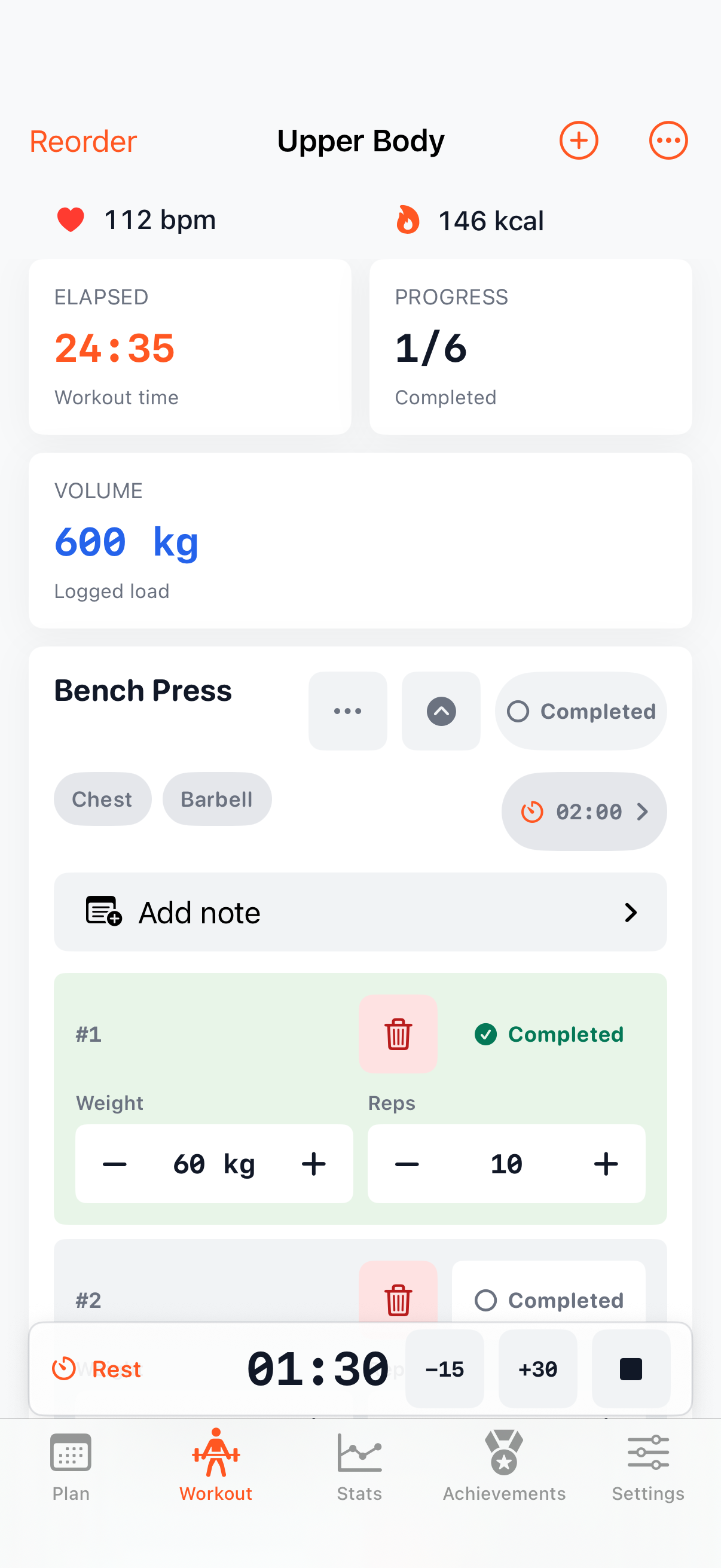 Floating rest timer over an active workout